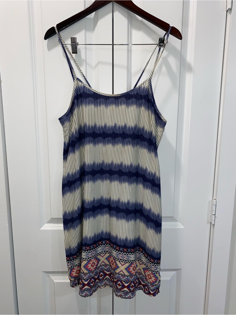 Love Riche Navy and Cream Striped Tie-Dye Mini Dress